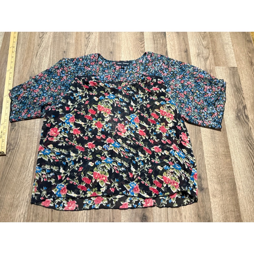 Mason Mackenzie Floral Blouse Womens Small Black Blue Mixed Print Boho Excellent